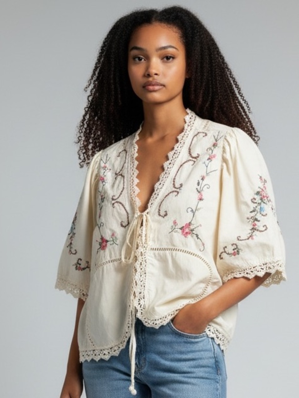 Embroidered Cream Peasant Tie-Front Top